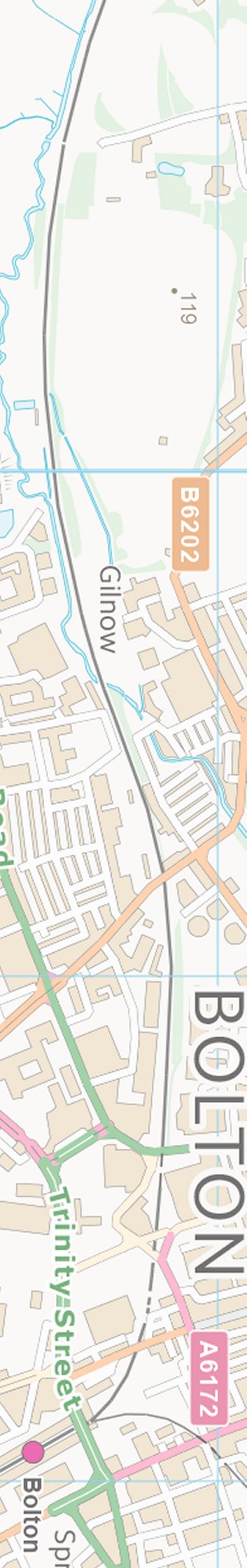 Section from the Ordnance Survey OpenSource mapping 2013 showing L&YR railway line in West Bolton