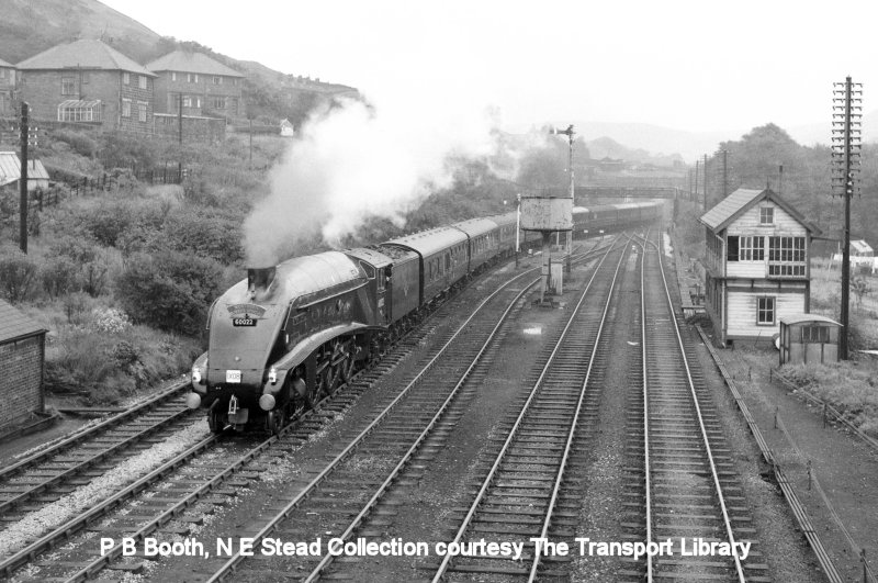 Gresley Pacific  Class A4 4-6-2 No 60022 'Mallard' takes the Copy Pit line at Hall Royd Junction with the Northern Rubber Company's annual outing from Retford to Blackpool Illuminations 30 September 1961 