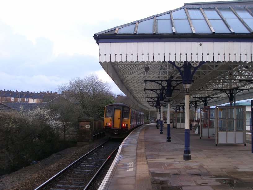 Nelson Station on 22 March 2014 showing train departing for stations to Blackpool South.