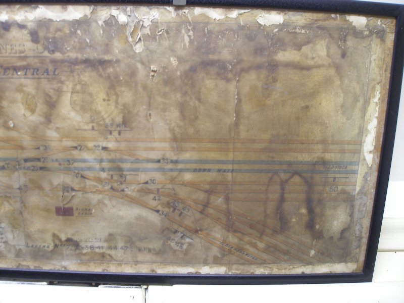 Detail from Signal box diagram for Northwich Central as seen at Mangapps Farm Railway Museum. The diagram is orientated east (left) to west (right).