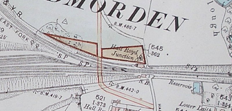 Extract from 1894 OS map showing details of original Hall Royd Junction with planned bridge alignment and level crossing.