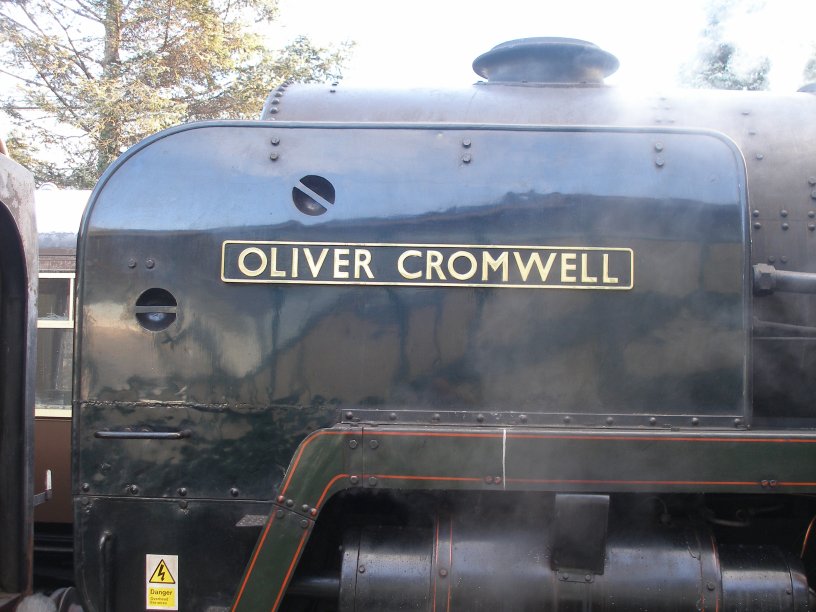 Detail shot of 70014 'Oliver Cromwell' driver side nameplate and deflector