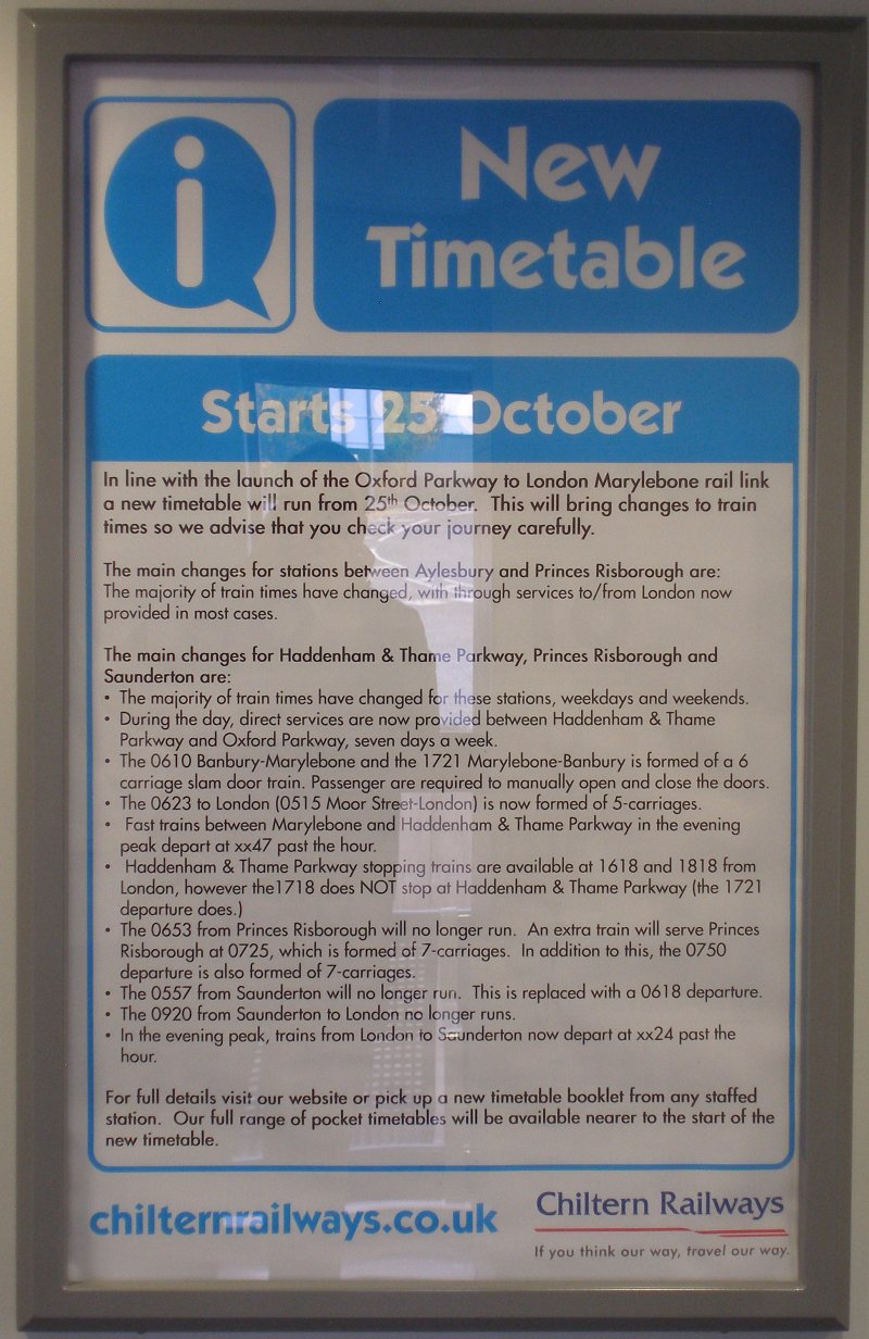 Oxford Parkway Sunday 25 October 2015: notice detailing service changes at Haddenham looking towards Birmingham.