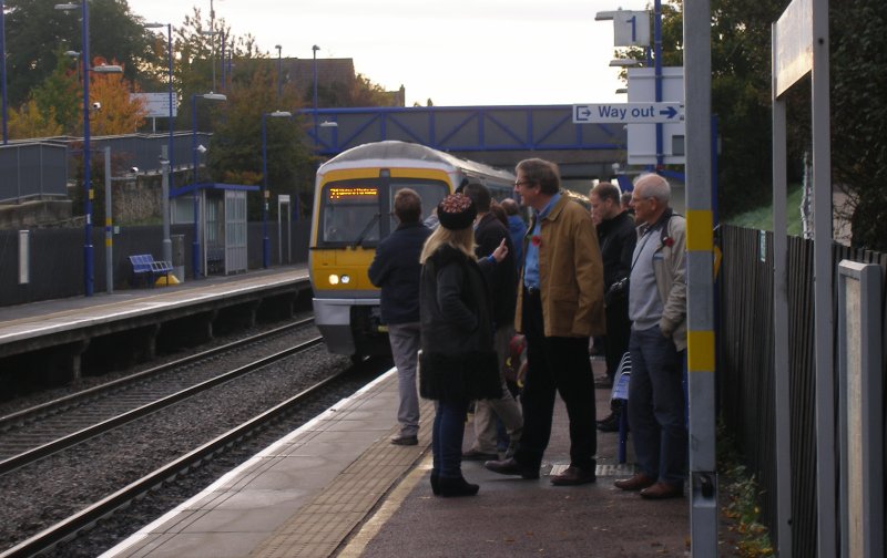 Oxford Parkway Sunday 25 October 2015: first train from London Marylebone to Oxford Parkway runs into Haddenham. Adrian Shooter in the foreground.