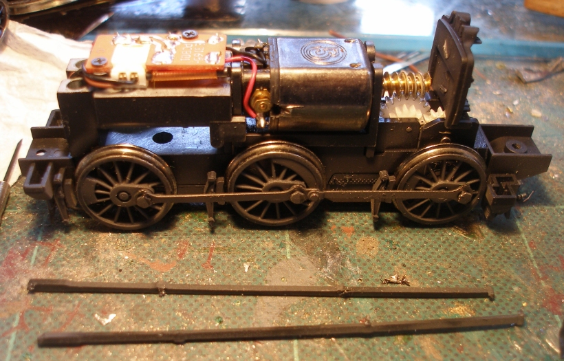 LYR Barton Wright Class 23 0-6-0ST conversion: external brake rodding removed from the donor Bachmann Pannier tank chassis.