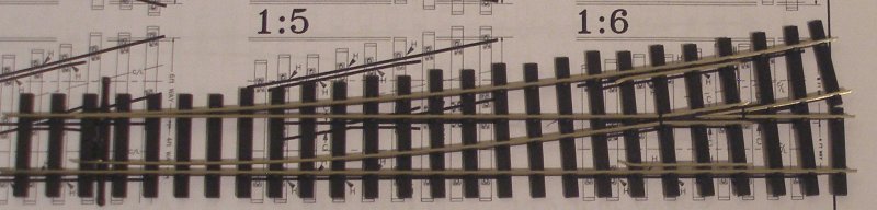 PECO Streamline Bullhead OO scale Code 75 Unifrog point (turnout) laid out on a C&L template showing the approximate 1:6 frog angle).