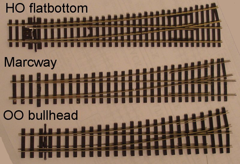 PECO Streamline Bullhead OO scale Code 75 Unifrog point (turnout) alongside a copper-paxolin Marcway point and the original HO point.