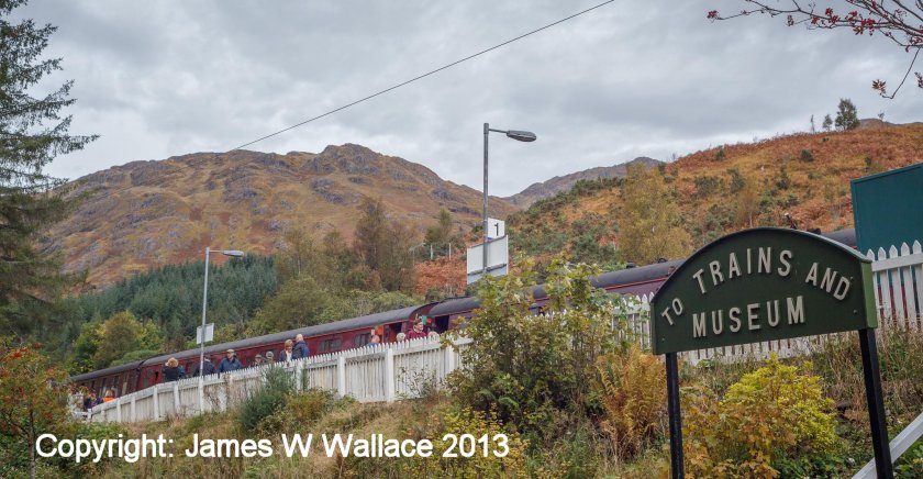 Station signage and West Coast Railways BR Mark 1's at Glenfinnin 19 October 2013