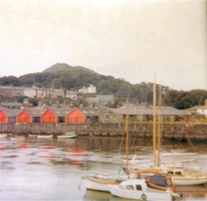 Porhmadog Harbour showing slate sheds on the wharfs late July 1966