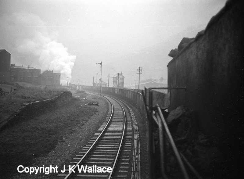 View from the cab of a WD 2-8-0 Austerity on a Copy Pit-bound mineral train passing Portsmouth station and signal box.