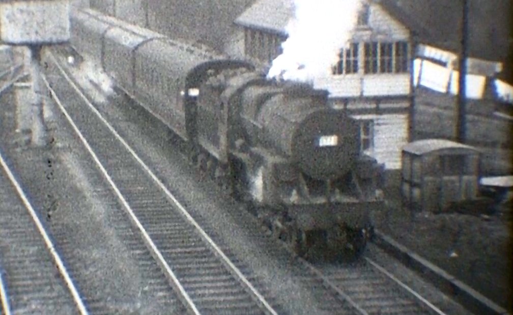 The Crab first comes to a stand on the down road outside Millwood Tunnel, before setting off 'bang road' to cross over to the Up line using the trailing cross-over, courtesy 'Steam World' TeleRail video  and Richard Greenwood.