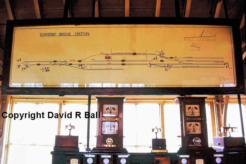 Sowerby Bridge signal box interior 1971: illuminated track diagram and block instruments