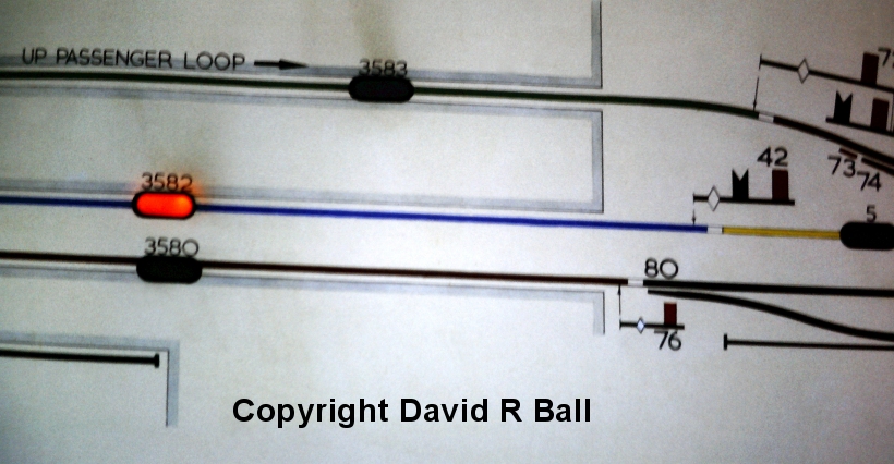 Sowerby Bridge signal box interior 1971: detail from the illuminated track diagram showing points 74 and 80, and signals 42 and 76.