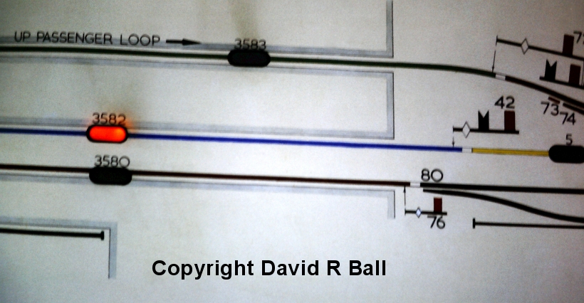 Sowerby Bridge signal box interior 1971: detail from the illuminated track diagram showing points 74 and 80, and signals 42 and 76.