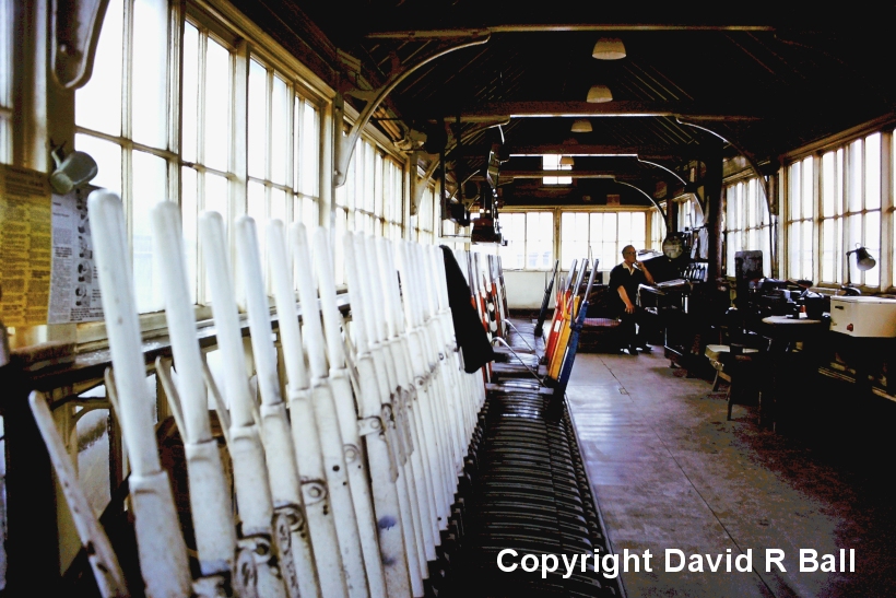 Sowerby Bridge signal box interior 1971 from the western end.