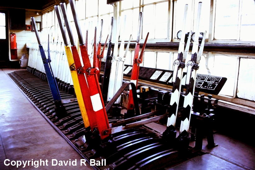Sowerby Bridge signal box interior 1971 showing the frame from the western end.