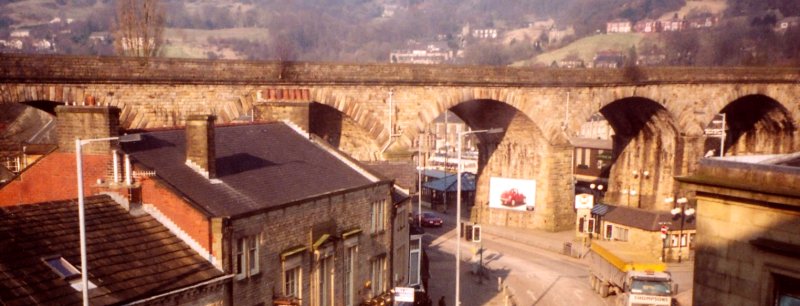Todmorden Viaduct photographed from the upper floor of the Town Hall c. 2005