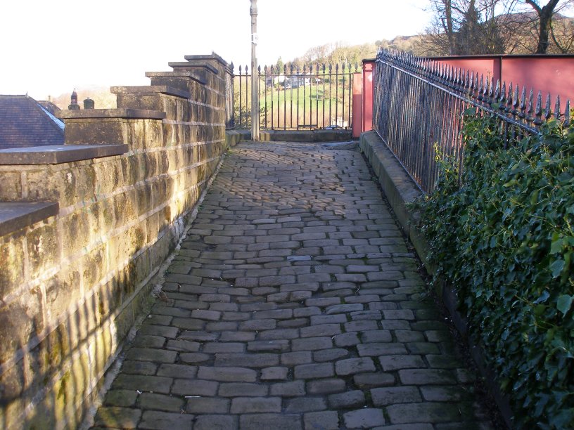 Stansfield Hall footbridge field survey 22 March 2014 approach ramp second leg looking up and to the the north