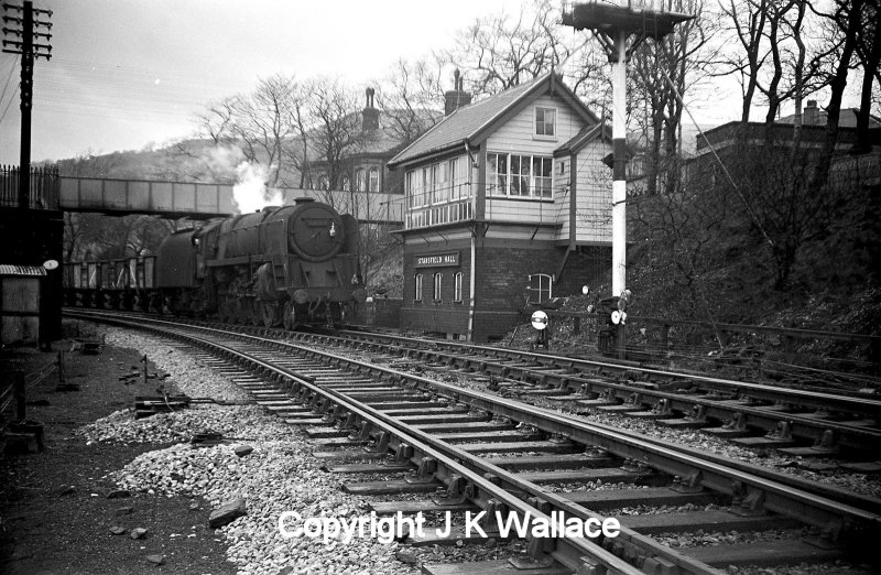 BR Standard 2-10-0 92084 passes Stansfield Hall signal box