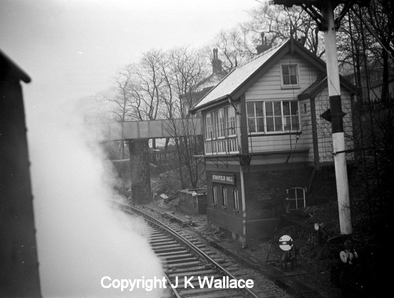 Stansfield signal box and footbridge seen from the cab of a WD Austerity 2-8-0 taking the Copy Pit line with a mineral train.