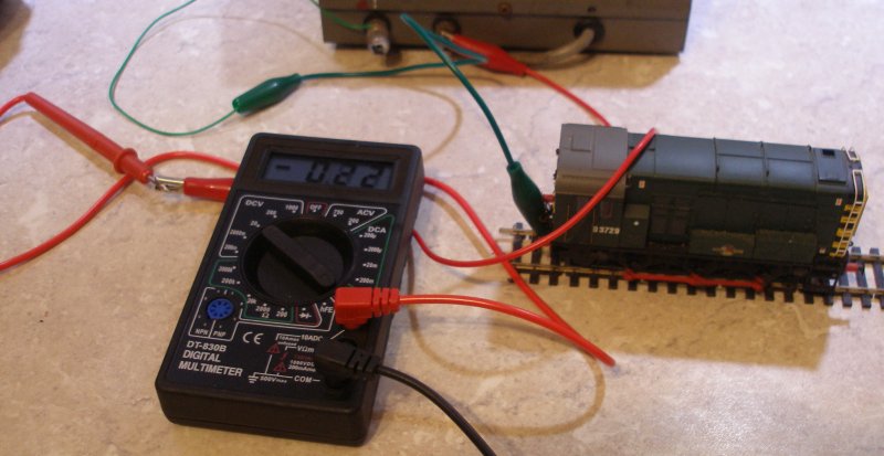 Model railway locomotive stall current test in progress, using a DC control unit and ammeter.