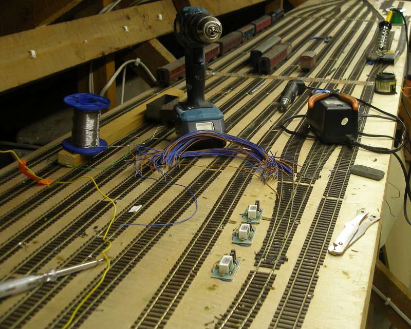 Hall Royd Junction with half of relayed storage yard completed with DCC droppers being prepared