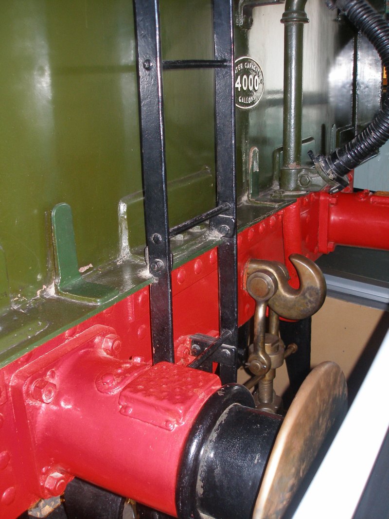 Stanier 'Coronation' Pacific 46235 'City of Birmingham' as seen in the ThinkTank Museum on 10 October 2015. Rear of tender showing ladder, vacuum stand pipe, water capacity plate, screw coupling and buffers.