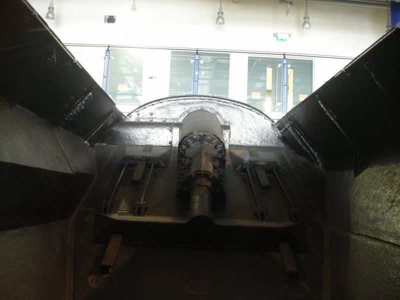 Stanier 'Coronation' Pacific 46235 'City of Birmingham' as seen in the ThinkTank Museum on 10 October 2015.  Coal pusher located at the rear of the coal bunker, looking from the cab.