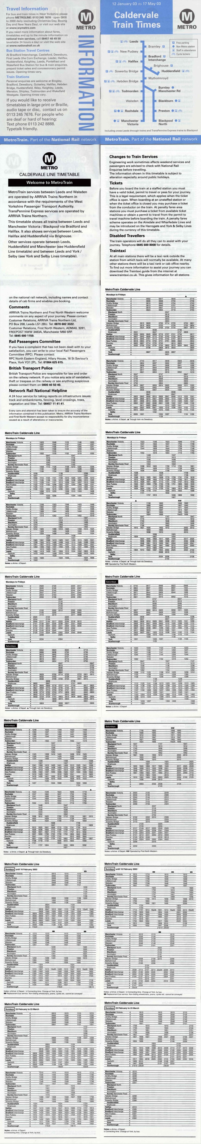 Metro pocket timetable Caldervale Train Times 12 January 2003 to 17 May 2003 Part 1