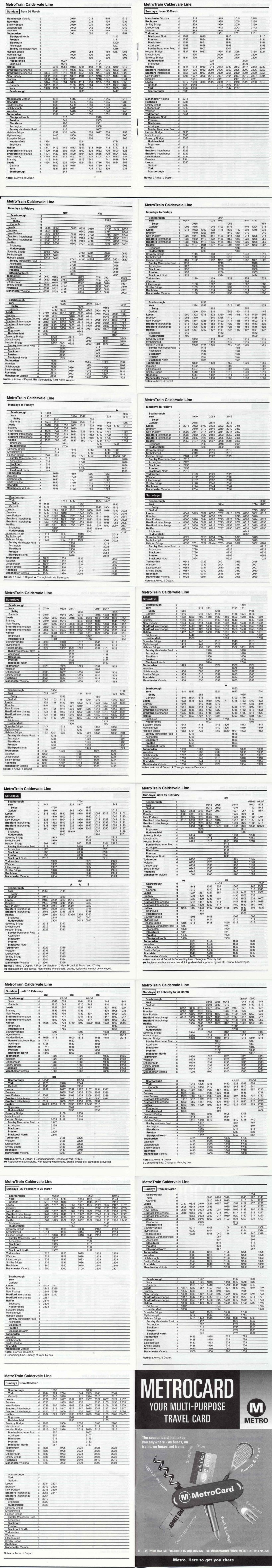 Metro pocket timetable Caldervale Train Times 12 January 2003 to 17 May 2003 Part 2