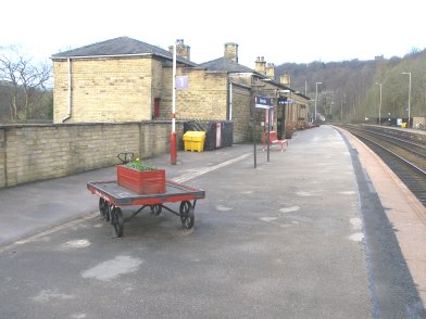 Todmorden Railway Station: Main station building looking westwards from platform side on 19 April 2013