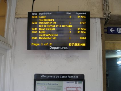 Departure Board located in old Booking Office area Todmorden Station on 19 April 2013