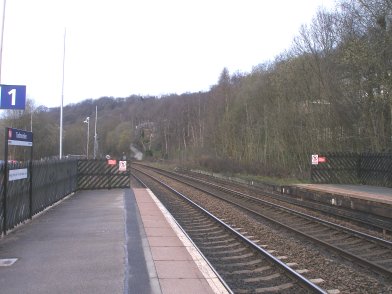 Todmorden Railway Station: Manchester-end of Platform 2 taken from Platform 1 looking westwards on 19 April 2013