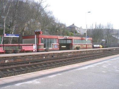 Todmorden Railway Station: Platform 2 subway exit taken from Platform 1 looking easttwards on 19 April 2013