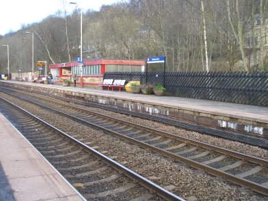 Todmorden Railway Station: Platform 2 taken from Platform 1 looking westwards on 19 April 2013