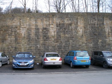 Todmorden Railway Station: Retaining wall under platform 1: section 5 moving eastwards on 19 April 2013