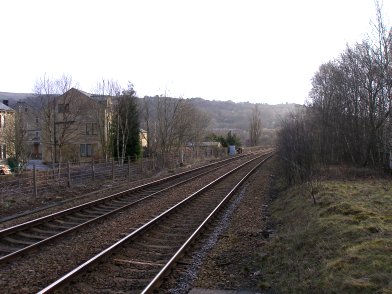 Looking towards Leeds from the end of Platform 1 on Todmorden Railway Station on 19 April 2013