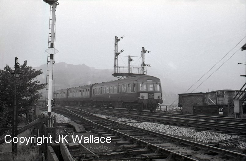 Todmorden East Junction 1967 with a hybrid DMU set made up of Class 101 Driving Motor Brake 50256, and two Class 110 trailers. 