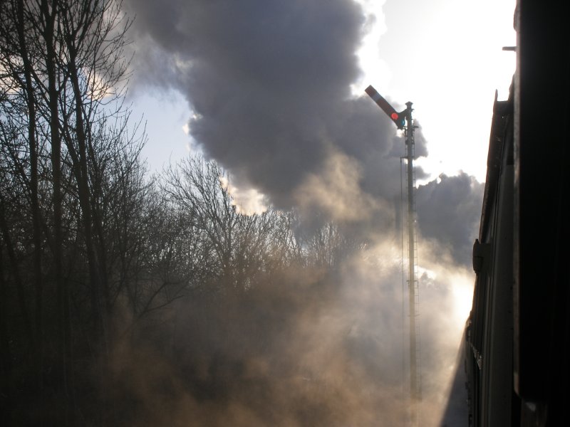 Signal swathed in steam. Great Central Railway. 30 December 2014.