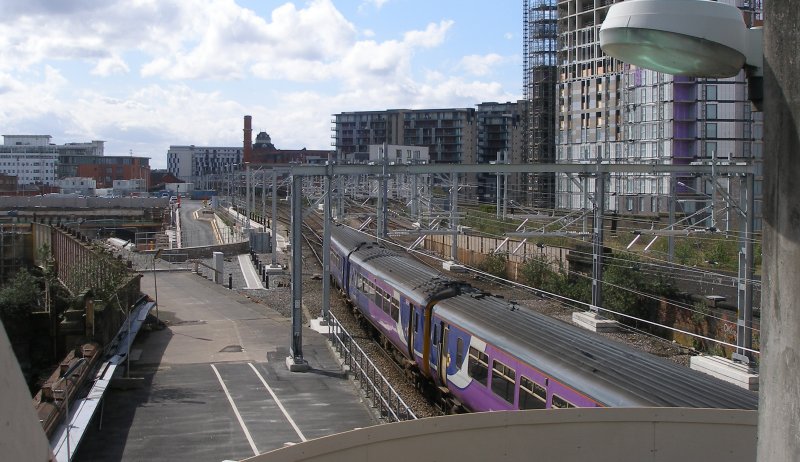 Manchester Victoria Railway Station 11 April 2015 on the occasion of a guided tour organised by the Lancashire & Yorkshire Railway Society: looking westwards towards the site of Liverpool Exchange station and Deal Street. This is looking along the alignment of the one-time longest platform in the UK.