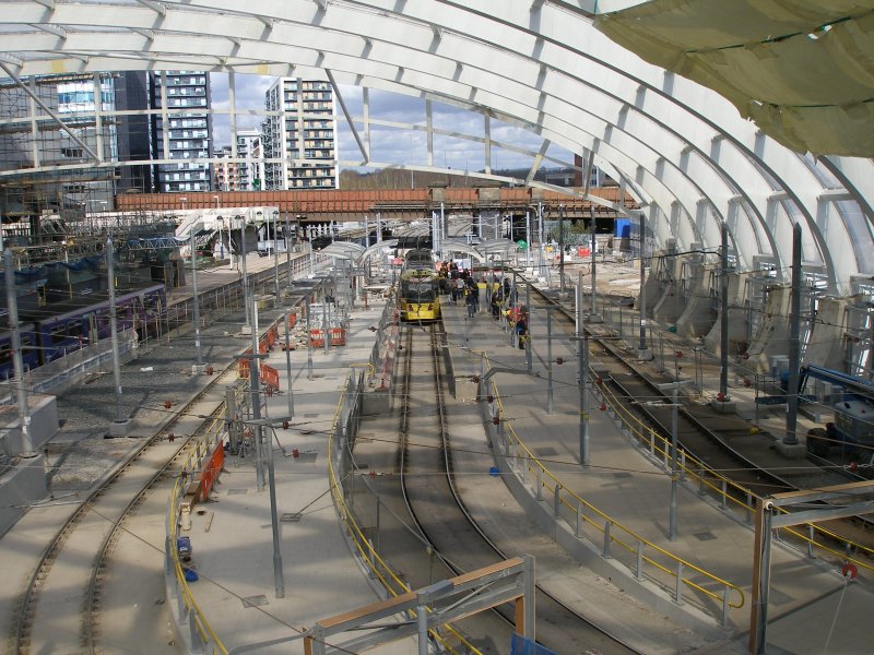 Manchester Victoria Railway Station 11 April 2015 on the occasion of a guided tour organised by the Lancashire & Yorkshire Railway Society:  the tram stop showing all three platform roads