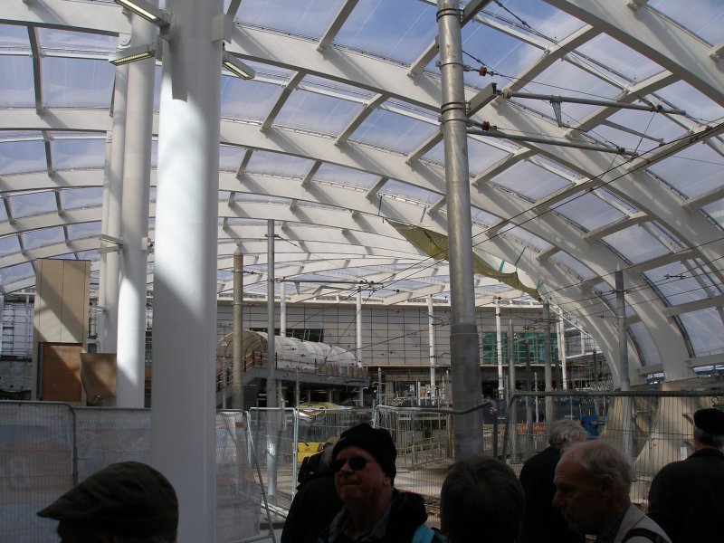 Manchester Victoria Railway Station 11 April 2015 on the occasion of a guided tour organised by the Lancashire & Yorkshire Railway Society: the new roof virtually completed over the extended tram stop.