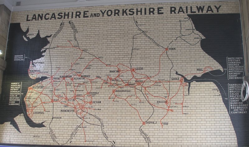 Manchester Victoria Railway Station 11 April 2015 on the occasion of a guided tour organised by the Lancashire & Yorkshire Railway Society: the famous Lancashire & Yorkshire Railway tiled mapshowing Fleetwood, Blackpool, Southport and Liverpool in the west, Manchester in the lower centre and York, Goole and Sheffield in the east.