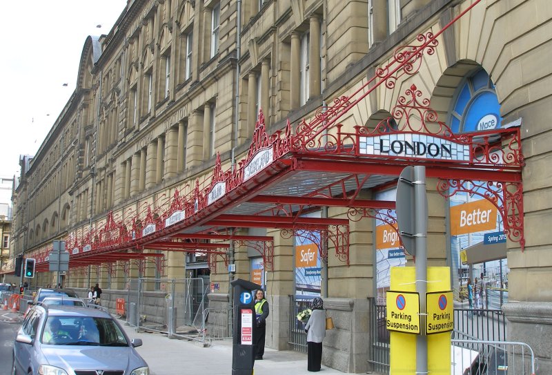 Manchester Victoria Railway Station 11 April 2015 on the occasion of a guided tour organised by the Lancashire & Yorkshire Railway Society: exterior showing restored canopy over the pavement
