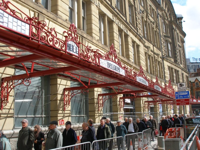 Manchester Victoria Railway Station 11 April 2015 on the occasion of a guided tour organised by the Lancashire & Yorkshire Railway Society: restored exterior canopy