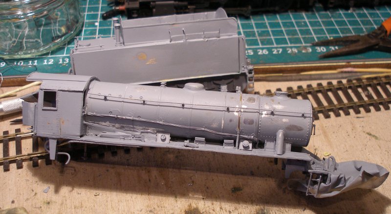 DJH WD 2-8-0 after undercoat has been applied, and with some imperfections still requiring correction.