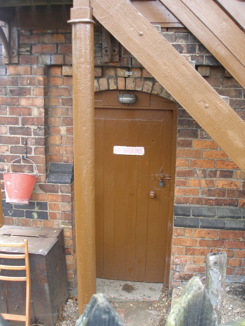 Wansford Signal Box, Nene Valley Railway, June 2015: interlocking room door close-up