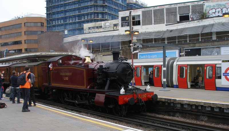 Small Praire 'L.150' comes to a halt in Platform 5 at Harrow-on-the-Hill having headed the event train from West Ruislip depot on the Central Line: Sunday 13 September 2015.