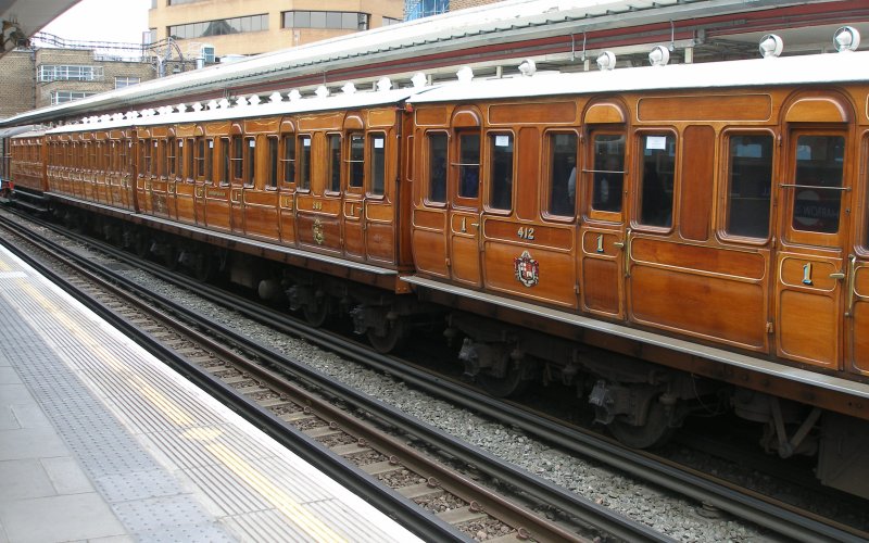 The Bluebell Railway's Chesham Line set stands at Harrow-on-the-Hill station, with 'Sarah Siddons' in view on the left hand side of the photo.
