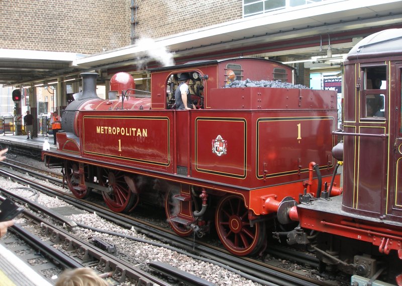 Metropolitan Number 1 waits to lead the Watford 90 event train into the turn back siding at Harrow-on-the-Hill station on 13 September 2015.